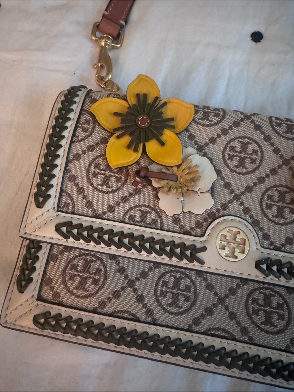 Tory Burch Beige and Burgundy Floral Appliqué Crossbody Bag - Picture 2 of 7